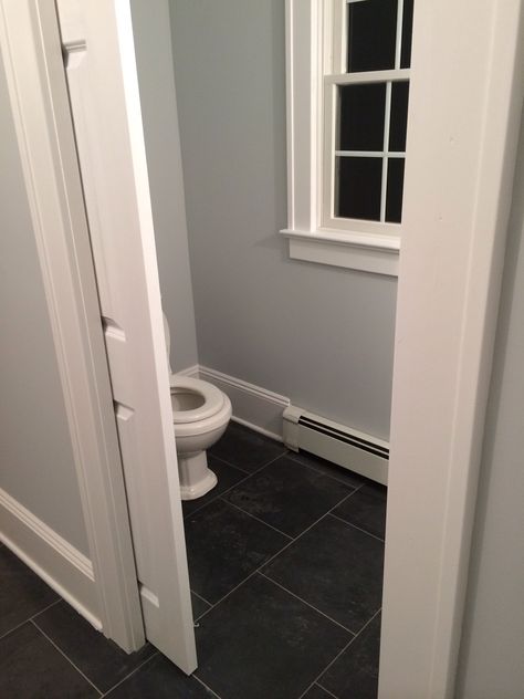 Half bath with pocket door Mudroom Half Bath, Bathroom With Pocket Door Toilet, Half Bath With Pocket Door, Pocket Door To Master Bath, Garage Pocket Door, Half Bath Door Ideas, Pocket Door Toilet Room, Mudroom With Half Bath, Half Bath Pocket Door