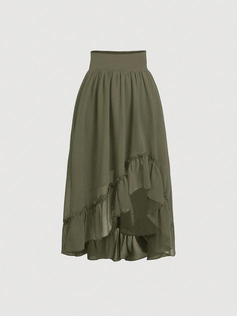 SHEIN MOD Wide Waistband Rufflea Symmetrical Hem Long SkirtI discovered amazing products on SHEIN.com, come check them out! Cute Long Skirts, Fortune Teller Costume, Army Green Skirt, Fashion Reference, Long Skirt Outfits, Long Skirts For Women, Women Skirts, Hem Skirt, Asymmetrical Skirt