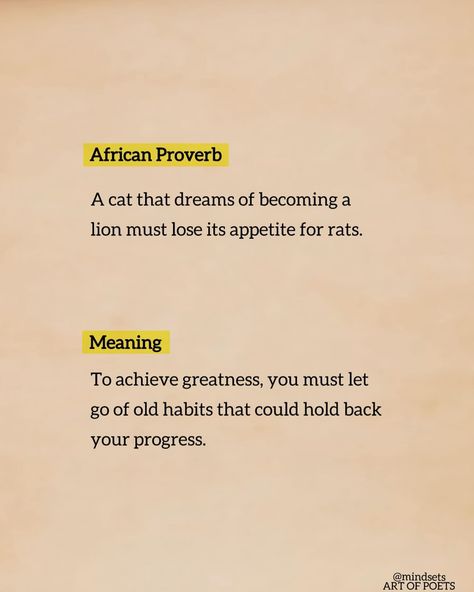 🪐🪧💡 African Proverb A cat that dreams of becoming a lion must lose its appetite for rats. Meaning To achieve greatness, you must let go of old habits that could hold back your progress. #africanart #proverbs #letgo #proverb #greatness #achieve #progress #habits #inspire #motivation #inspiration #motivational #motivationalquotes #yyc #canada #change #gratitute African Quotes Proverbs Wisdom, English Proverbs With Meanings, Proverb With Meaning, Proverb Meaning, English Proverbs, African Quotes, Life Proverbs, Lion Quotes, African Proverb