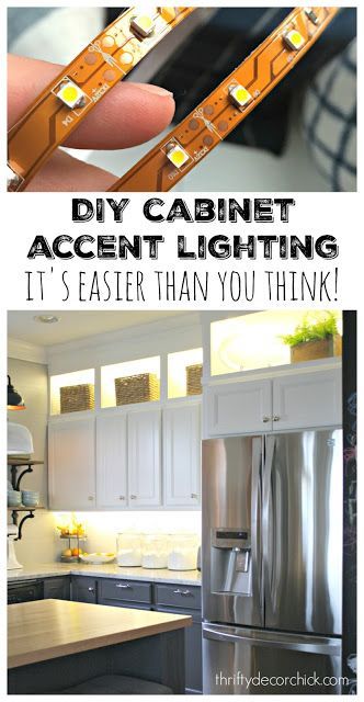 Over Cabinet Lighting, Cabinets Handles, Diy Cabinet, Thrifty Decor Chick, Kabinet Dapur, Diy Kitchen Decor, Diy Cabinets, Kitchen Redo, Cabinet Lighting