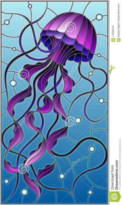 Underwater Stained Glass Pattern, Sea Stained Glass Pattern, Stained Glass Underwater, Jellyfish Glass Art, Stained Glass Jellyfish, Stained Glass Illustration, Bubbles Illustration, Stained Glass Sea, Purple Jellyfish