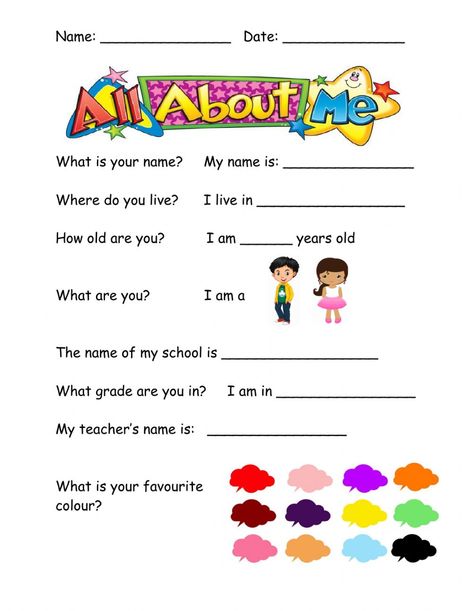 Myself interactive activity for pre school-grade1. You can do the exercises online or download the worksheet as pdf. My Self Worksheet, About Me Worksheet, Me Worksheet, Test For Kids, All About Me Worksheet, All About Me Preschool, All About Me Activities, Primary English, Impress Quotes