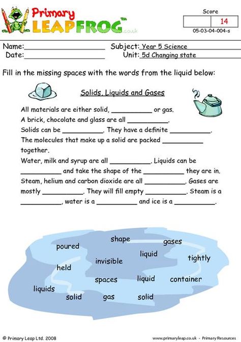 PrimaryLeap.co.uk - Solids, liquids and gases Worksheet Solid Liquid Gas Worksheet, Solids Liquids And Gases, Ks2 Science, Grade 3 Science, Solid Liquid Gas, States Of Matter Worksheet, Cloze Activity, Matter Worksheets, Matter Science