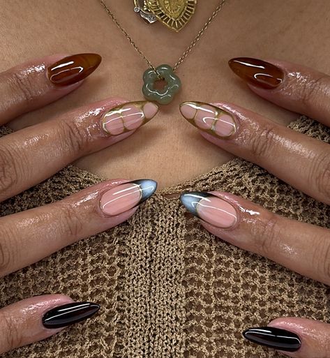 earthy tonesss 🤎🤎 - #gelx #gelnails #nails #fallnails Medium Length Gel Nail Designs, Earth Girl Nails, Earth Tones Nails, Earthy Green Nails, Gelx Inspo Nails, Earthy Acrylic Nails, Earthy Nails Designs, Gel X Nails Almond, Tyler The Creator Nails