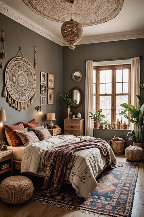 Carpet Ideas For Bedroom, Unique Bedroom Design Interiors, Master Bedrooms Decor Cozy Relaxing, Japandi Boho, Bohemian Bedroom Inspiration, Bedroom Carpets, Boho Bedroom Design, Boho Style Bedroom, Cozy Boho