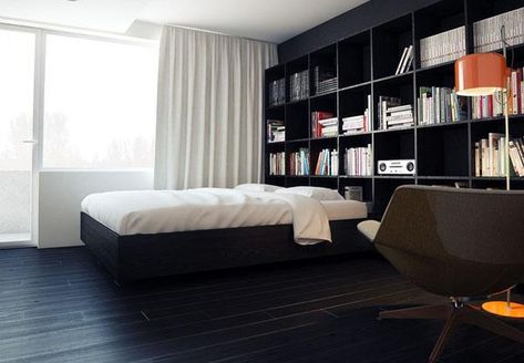 modern interior design with book shelves and shelving systems Shelves Behind Bed, Behind Bed Ideas, Minimalist Apartment Decor, White Bedroom Design, Small Apartment Interior, Bathroom Farmhouse Style, Small Bedroom Designs, Furniture Placement, Small Apartment Decorating