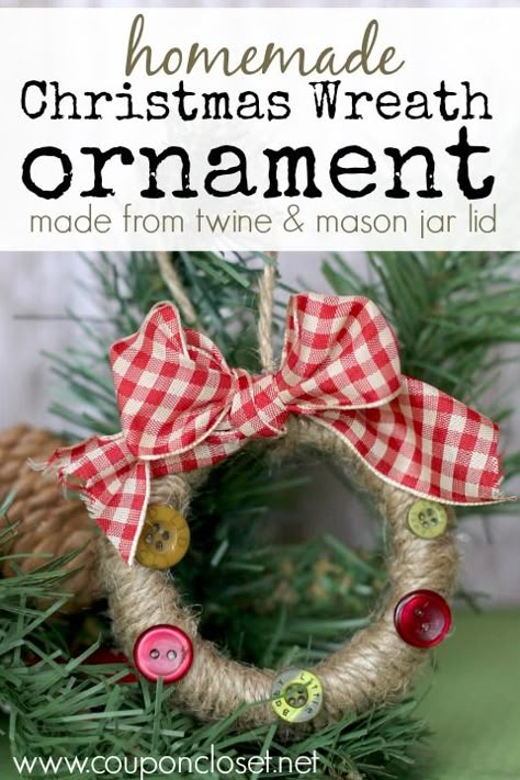 12 Days of Homemade Christmas Ornaments - Today we are making this adorable Wreath ornament and we are using a Mason Jar Ring to make the wreath! It is super easy and frugal to make! - Coupon Closet Homemade Christmas Wreaths, Mason Jar Lids Ornaments, Homemade Christmas Ornaments, Mason Jar Lid, Ring Wreath, Diy Ornament, Wreath Ornament, Christmas Ornaments Homemade, Christmas Ornament Crafts