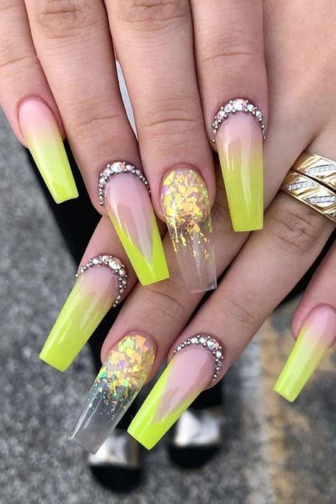 (paid link) coffin nails designs short- CoolNail Long 3D Bling Glitter Pink Nude French Ballerina Coffin False Fake Nails Gradeint Natrual Press on Party Finger Wear UV Nails. Summer Nails Neon, Neon Yellow Nails, Neon Acrylic Nails, Neon Nail Designs, Yellow Nail Art, Yellow Nails Design, Yellow Nail, Uñas Acrilicas, Neon Nails