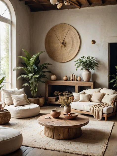 Modern Mediterranean Living Room, Peaceful Interior, Mediterranean Living Room, Earthy Living Room, Living Room Decor Neutral, Modern Boho Living Room, Mediterranean Living, Modern Mediterranean, Rustic Wood Furniture