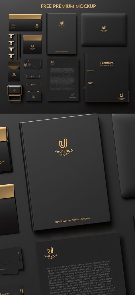 Branding Template Free, Stationary Mockup Free Psd, Brand Mockup Free, Gold And Black Branding, Dark Stationary, Dark Brand Identity, Business Card Mockup Free Psd, Dark Branding Design, Logo Mockup Free Psd Download