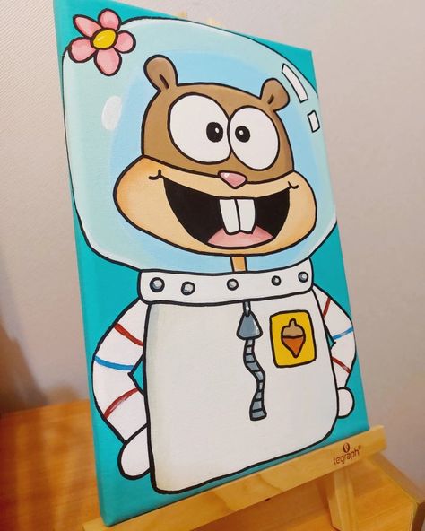 Easy Animated Paintings, Sandy Cheeks Painting, Cartoons To Paint On Canvas, Nickelodeon Paintings, Kawaii Painting Ideas, Easy Spongebob Painting, Cartoon Paintings Easy Canvas, Painting Ideas On Canvas Cartoon Characters, Painting Ideas Funny