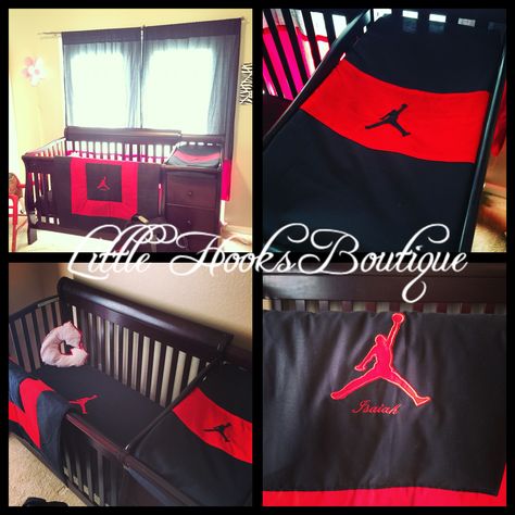 Our Air Jordan Jump Man Crib set <3 Custom Orders welcome https://m.facebook.com/LittleHooksBoutique message us for more information :) #jumpman #airjordan #crib set Nursery set :) Girl Jordans, Baby Doe, Room Diys, Jordan Clothing, Rooms Aesthetic, Jordan Baby Shower, Best Baby Shoes