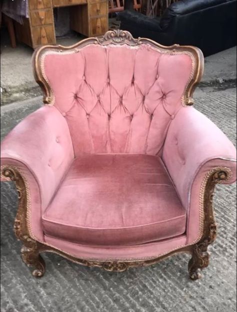 Pink Vintage Armchair | Facebook Marketplace (Location: London) | £100 Pink Armchair Bedroom, Victorian Pink Chair, Pink Arm Chairs, Pink Vintage Chair, Pink Arm Chair, Feminine Esthetics, Pink Sofa Living Room, Solo Aesthetic, Vintage Arm Chair