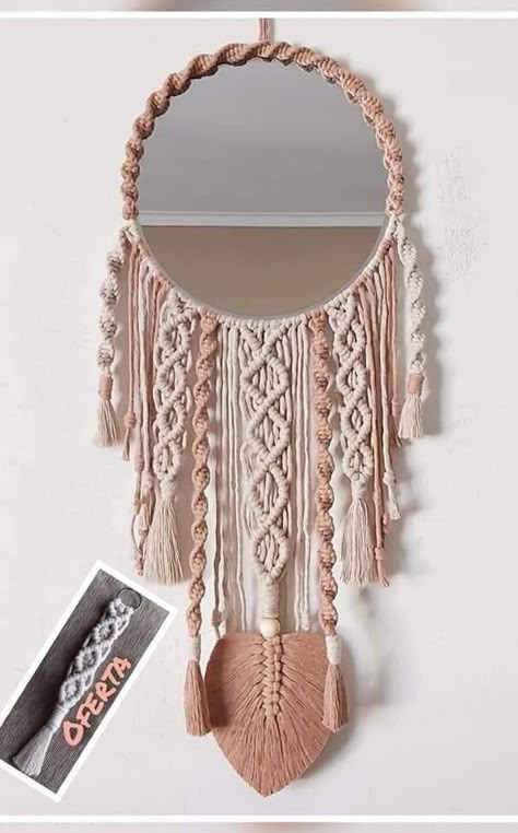 Macrame Mirrors, Macrame Mirror Wall Hanging, Crochet Mirror, Diy Dream Catcher Tutorial, Mirror Macrame, Pola Macrame, Macrame Wall Hanging Tutorial, Wedding Cross Stitch Patterns, Macrame Mirror