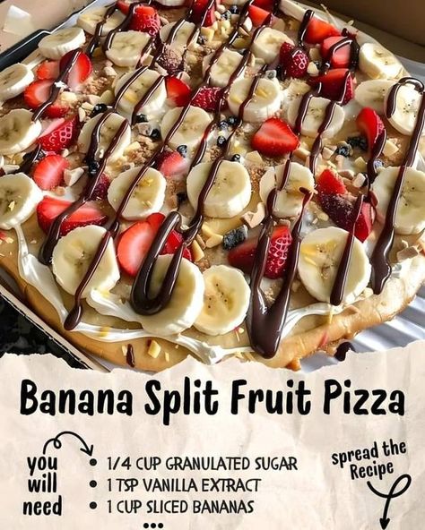 Easy Delicious Recipes | Banana Split Fruit Pizza 🍌🍓🍍 | Facebook Fruit Pizza Ingredients, Recipes Banana, Banana Split Cake, Split Cake, Pizza Ingredients, Banana Dessert, Dessert Pizza, Fruit Pizza, Sugar Cookie Dough