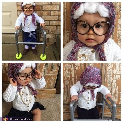 Kid Old Lady Costume, Old Lady Wig Diy, Diy Old Lady Costume For Kids, Old Lady Costume Diy, Toddler Old Lady Costume, Diy Old Lady Costume, Old Woman Costume, Baby Old Lady Costume, Costume Old Lady