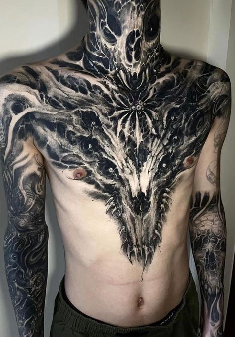 Black Shade Tattoo, Eldritch Tattoo Sleeve, Blackwork Chest Piece, Goth Chest Tattoo Men, Black Throat Tattoo, Dark Forearm Tattoo Men, Demonic Tattoo Ideas, Black Out Chest Tattoo, Dark Chest Tattoo