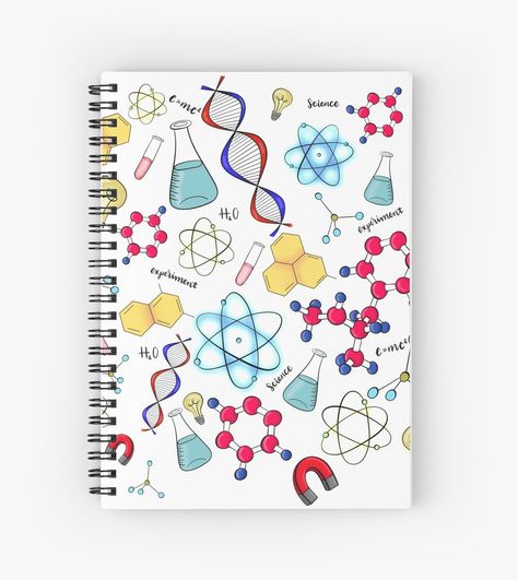 The perfect notebook for science lovers!  Digitally drawn science design, available on many products including notebooks, clothes and home (and classroom) decor! Physics Title Page Ideas, Science Notebook Decoration, Science Design For Notebook, Science Notebook Cover Design, Physics Cover Page Ideas, Science Notebook Design, Science Notebook Cover Ideas, Science Cover Page Design, Science Journal Ideas