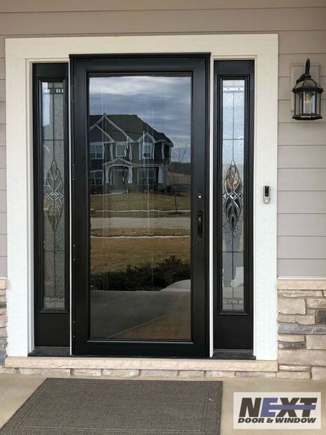 Black Front Door With Sidelights And Storm Door, Entry Door With Storm Door, Front Storm Door Ideas, Front Door With Storm Door, Storm Door Ideas, Front Storm Door, White Storm Door, Full Glass Front Door, Front Door Systems