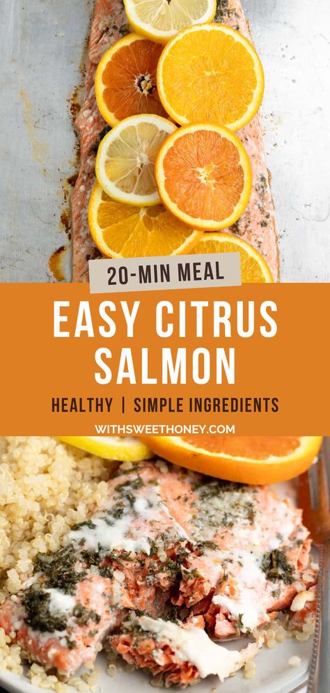 This simple citrus salmon is done in under 20 minutes and delivers mouth-watering flavor. Perfectly seasoned with herbs and topped with elegant citrus slices. #citrus #salmon #easyrecipe #healthydinner Citrus Salmon, Plant Based Dinners, Citrus Slices, Plant Based Dinner, Salmon Filet, Orange Slices, Sweet Orange, Salmon Recipes, Eating Healthy