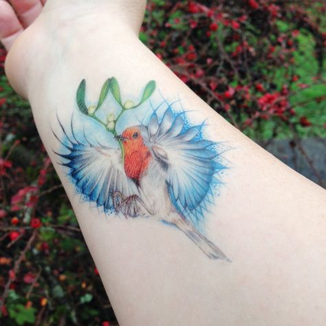 Robin Temporary Tattoo Romantic Robin Mistletoe by OctaviaTattoo Winter Tattoo, Robin Tattoo, Christmas Tattoo, Birds Tattoo, Stocking Fillers, Temporary Tattoo, Watercolor Tattoo, I Tattoo, Tattoos