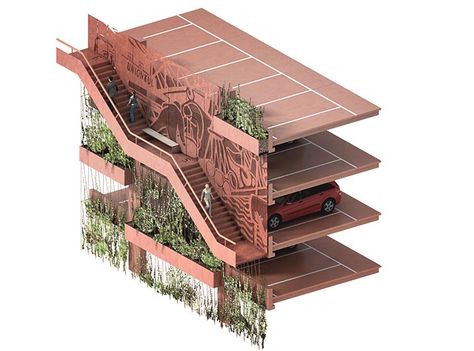 JAJA Architects Reinvent the Parking Garage as a Green Community Space with Park 'n' Play | Inhabitat - Green Design, Innovation, Architecture, Green Building Car Park Design, Parking Plan, Green Community, Parking Building, Play Car, External Staircase, Green Facade, Community Space, Education Architecture