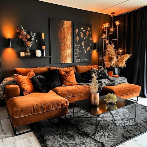 Rust Black And White Living Room, Black And Gold Aesthetic Living Room, Home Decor Ideas Dark Colors, Black Green Orange Living Room, Black Living Rooms Ideas, Boho Terracotta Living Room, Red And Brown Living Room Decor, Black And Bronze Living Room, Black Culture Living Room Ideas