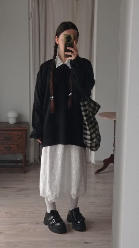 ootd outfit inspo midi skirt spring fit lace loafers checkered bag black and white Checkered Bag Outfit, Checkered Skirt Outfit, Flirty Quotes For Her, Black Loafers Outfit, Long White Skirt, Checkered Bag, Midi Skirt Spring, Loafers Outfit, White Long Skirt