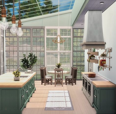 I saw this kitchen on pinterest and immediately built it in the sims ✨ I love it so much 🥹 it is on the gallery (no cc) EA ID: daniellebuilds #thesims4 #thesims #daniellebuilds Sims 4 Kitchen Inspo No Cc, Sims Breakfast Nook, Sims Big Kitchen Ideas, Kitchen Ideas Sims 4 No Cc, Sims Kitchen No Cc, Sims 4 Minimalist Kitchen, Kitchens Sims 4, Sims 4 Large Kitchen Ideas, Kitchen Sims 4 Ideas