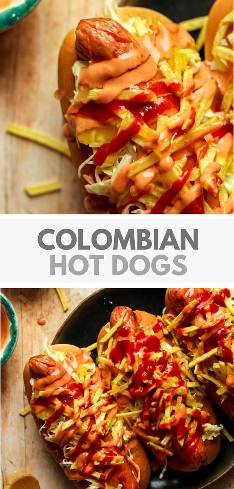 Colombian Hot Dog Recipe Colombian Hot Dog, Light Suppers, Pineapple Preserves, Mexican Hot Dogs, Columbian Recipes, Brat Sausage, Gameday Food, Dogs Recipes, Hot Dog Recipe