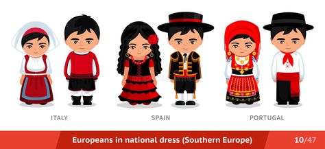 Italy, Spain, Portugal. Men and women in national dress. Set of european people wearing ethnic clothing. Cartoon characters in traditional costume. Southern royalty free illustration Spain National Costume, European People, Clipart Boy, Spanish Woman, National Clothes, Flamenco Dancers, Italy Outfits, National Dress, Spain Portugal