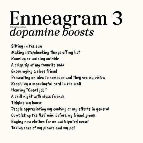 I asked y’all on my stories what your enneagram type was and what gave you a dopamine boost, and I wanted to compile and share the answers 🥰 What’s your type & your dopamine boost?! Also, if u want to join my virtual enneagram webinar & book club this month, u can get tix at the link in my bio/story highlights! 🪄 Enneagram Type 3 Aesthetic, 3w4 Enneagram, Dopamine Boost, Enneagram Type 3, Personal Healing, Enneagram 3, Enneagram Types, Help Me Grow, Presents For Friends