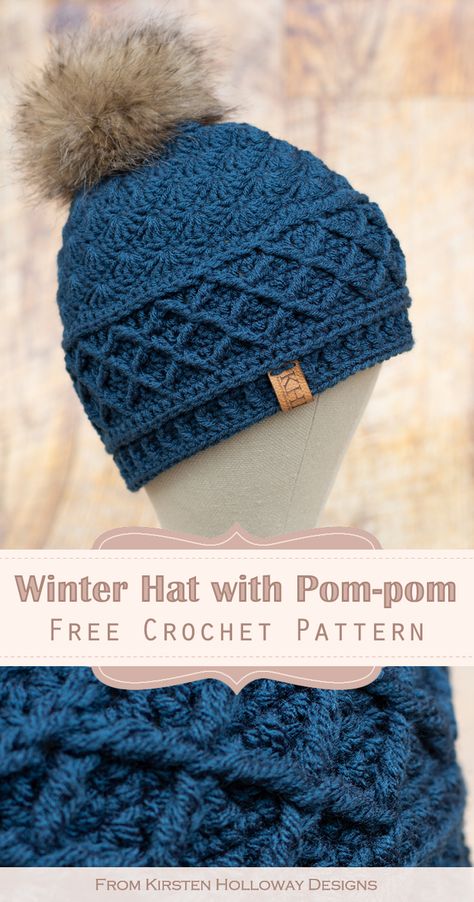 Crochet a warm winter hat with this free crochet pattern. It's got lots of texture and a unique look. A tutorial for making your own faux fur pom-pom is included. This free hat pattern will fit women as written, but you can go up a hook size to crochet it for men too! #kirstenhollowaydesigns #freecrochetpatterns One Hour Crochet Patterns Free, Simply Soft Yarn Patterns, Crochet White Hat, Kirsten Holloway Designs, One Skein Hat Crochet Patterns, Free Crochet Patterns Written, Bulky Yarn Crochet Hat Pattern Free, Crocheted Hats Patterns Free, Crochet Hat Patterns For Women