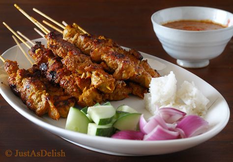 Malaysian Street Food, Nyonya Food, Satay Chicken, Spicy Peanut Sauce, Chicken Satay, Spicy Peanuts, Malaysian Food, Marinated Chicken, Skewers