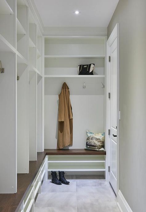 Small L Shaped Mudroom Bench and Lockers - Transitional - Laundry Room L Shaped Mudroom Bench, L Shaped Mudroom, Transitional Mudroom, Stacked Shelves, Blue Beadboard, Beadboard Trim, Small Mudroom, Transitional Laundry Room, Mudroom Cubbies