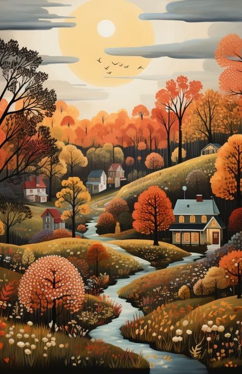 Wallpapers For Fall, Autumn Wallpapers, Autumn Phone Wallpaper, Whimsical Art Paintings, Naive Illustration, Colors Of Autumn, Autumn Illustration, Wallpapers For Desktop, Art Gallery Wallpaper