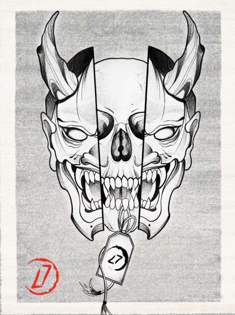 Oni Half Mask Drawing, Simple Oni Mask Tattoo, Split Oni Mask Tattoo Design, Japanese Tattoo Art Oni Mask, Oni Skull Tattoo, Black And White Oni Mask Tattoo, Japanese Demon Tattoo, Mascara Oni, Oni Mask Tattoo