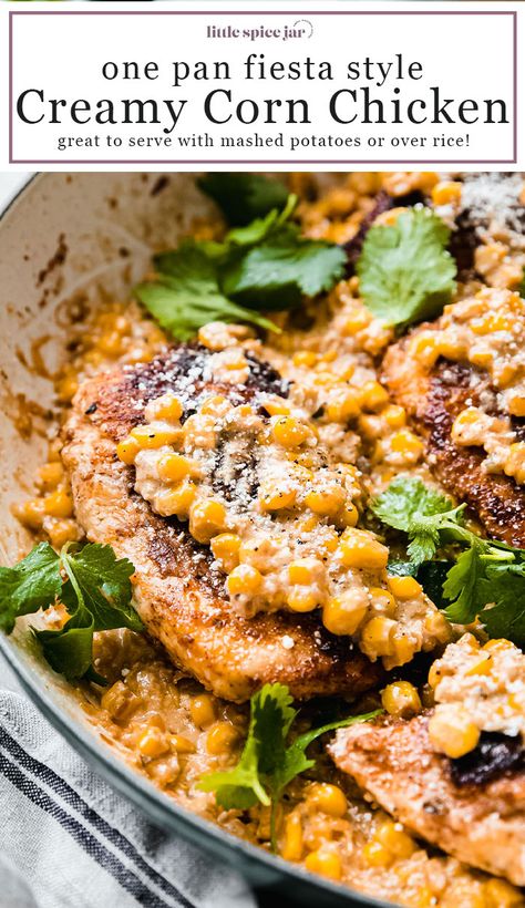 Fiesta Creamy Corn Chicken is a one pan chicken dinner that comes with creamy corn on the side! It's the most delicious meal! #chicken #chickenrecipes #chickendinner | Littlespicejar.com Smothered Chicken Breast, One Pan Chicken Dinner, Corn Sauce, 30 Minute Meals Chicken, Cheddar Mashed Potatoes, Healthy Corn, Chicken Smothered, Corn Chicken, Spicy Corn