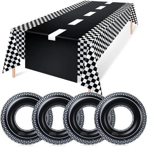 PRICES MAY VARY. Car Party Decorations Set: the package comes with 6 pieces cars birthday party supplies, including 1 checkered tablecloth, 1 car road table runner and 4 tire swimming rings; The quantity is sufficient to satisfy your various use and decorative needs Reusable and Serviceable: made of plastic material, the checkered table cover and car running mat are oilproof and waterproof, solid and not easy to break or fade, can be wiped with wet cloth, providing you with a long term use and e Car Theme Party, Hot Wheels Themed Birthday Party, Racing Birthday Party, Classic Cars Birthday Party, Racing Birthday, Racing Theme, Race Car Themes, Car Table, Hot Wheels Birthday