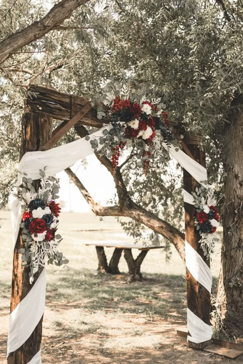 Rustic Red And Blue Wedding, Red White And Blue Wedding Arch, Burgundy Red And Navy Blue Wedding, Wedding Arch Ideas Burgundy And Navy, Burgundy And Navy Wedding Rustic, Navy Blue And Burgundy Rustic Wedding Decor, Burgundy Navy Blue And White Wedding, Red Navy Blue And Black Wedding, Navy Blue And Cabernet Wedding