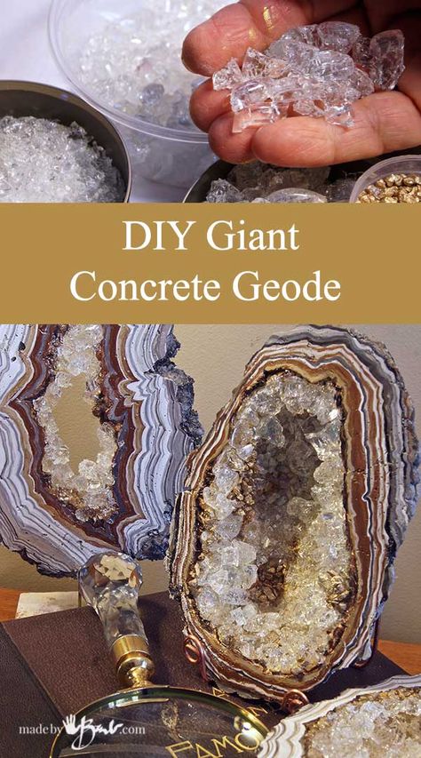 Didn't everyone collect stones when they were a kid?! Those shiny ones seemed so precious. Well, now that you have grown up you can challenge 'Mother Nature' by making your own with this DIY Giant Concrete Geode tutorial. No wimpy stuff here, Crystal Ideas, Growing Crystals, Concrete Diy Projects, Geode Art, Concrete Crafts, Cement Crafts, Diy Crystals, Concrete Diy, Dremel