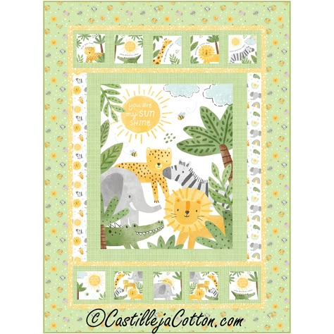 Adorable quilt pattern features a panel (36" x 43") of your choice with gallery blocks above and below to highlight some of your favorite coordinating fabrics. Fabric shown in the sample quilt is Northcott Fabrics Sunny Safari but this would look great in any fabric or theme. Sunny Jungle Quilt CJC-59921 https://quiltwoman.com/products/sunny-jungle-quilt-cjc-59921e-downloadable-pattern Safari Colors, Jungle Quilt, Large Scale Prints, New Quilt Patterns, Lap Quilt Patterns, Northcott Fabrics, Cottage Quilt, Simple Borders, Cat Cuddle