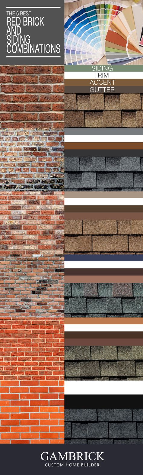 The 6 best red brick and siding color combinations for 2019. For more tips, pics, custom home building / interior design info check out our blog at www.gambrick.com Red Brick Home With Siding, Red Brick House With Cedar Shakes, Best Shingle Colors For Red Brick, Roof Color For Red Brick House, Orange Brick And Siding Exterior, Brick Siding Combinations, Brick And Siding Combinations, Brick And Siding Exterior Combinations, Orange Brick Houses