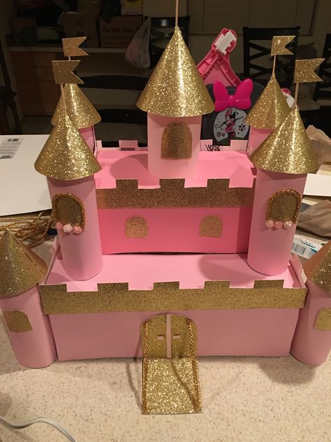 Pink Paper Castle Box Castle Diy For Kids, Diy Castle Project, Disney Castle Valentine Box Ideas, Diy Castle Project For School, Princess Castle Valentine Box Ideas, Diy Princess Castle Cardboard Boxes, Cardboard Castle Project, Castle Valentine Box Ideas, Castle Projects For School