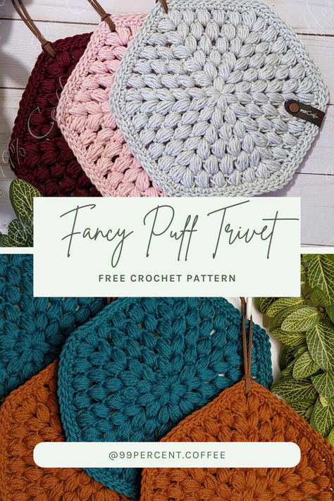 Looking for a quick and easy crochet project? Whip up this adorable Fancy Puff Trivet! This free pattern uses simple puff stitches to create a textured trivet that's perfect for protecting your surfaces from hot dishes. #crochetkitchen #diykitchendecor Crochet Puff Stitch Pattern, Knit Trivet Pattern Free, Free Crochet Trivet Patterns, Easy Crochet Coasters Free Pattern, Crochet Trivets Hot Pads Free Pattern, Crochet Hotpad Free Pattern, Hot Pads Crochet Free Pattern, Crochet Kitchen Items Free Pattern, Hot Pad Crochet Pattern Free