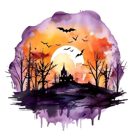 Halloween Inspired Painting Ideas, Fall Watercolor Inspiration, Abstract Halloween Art, Halloween Watercolor Painting Easy, Halloween Painting Inspiration, Halloween Scene Painting, Watercolor Halloween Painting, Watercolor Paintings Halloween, Halloween Art Drawing Illustrations