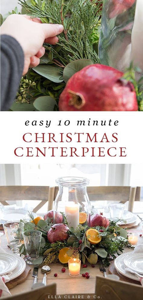 A quick and easy 10 minute DIY Christmas centerpiece that can be customized for your table with oranges, pomegranates, fresh cedar and eucalyptus, and of course candlelight. This little tablescape is so easy that it will make holiday entertaining simple this year! Christmas Luncheon Decorations, Easy Diy Christmas Table Centerpieces, Christmas Decor With Oranges, Christmas Wreath Table Centerpiece, Simple Christmas Centerpieces For Table, Round Table Christmas Centerpieces, Easy Christmas Centerpieces, Diy Christmas Centerpieces For Table, Holiday Centerpieces For Tables