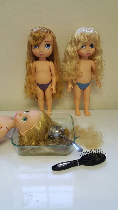 From Disney Store to Thrift Store (a Doll Hair Detangler Recipe) https://steadfastmorningmercies.wordpress.com/2016/01/06/from-disney-store-to-thrift-store-a-doll-hair-detangler-recipe/ blog | For moms | daughters | girls | princesses | Aurora | Rapunzel | Cinderella | baby dolls | toys | hair | hair salon | hairstylist | Disney Parks | Disney World | Disney Land Doll Hair Detangler, Doll Hair Repair, Fix Doll Hair, Baby Doll Hair, Diy Doll Hair, Disney Animator Doll, Disney Animators, Baby Doll Toys, Hair Fixing