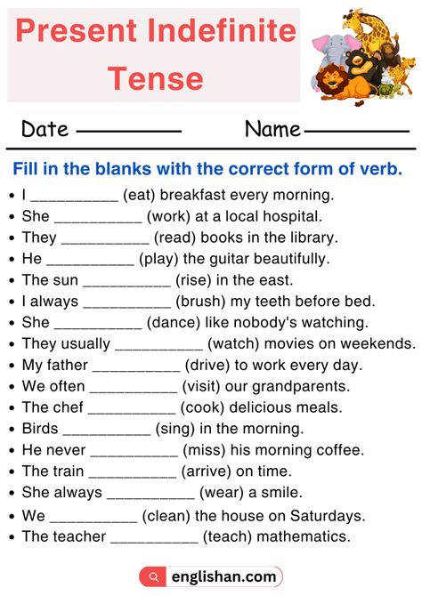 Present Indefinite Tense Worksheet Fill in the Blanks with Correct Form of Verb Present Indefinite Tense Exercise, Past Indefinite Tense Worksheet, Present Indefinite Tense, Present Indefinite Tense Worksheet, Tense Worksheet, Tenses Worksheet, Past Indefinite Tense, Simple Present Tense Worksheets, Writing Sentences Worksheets