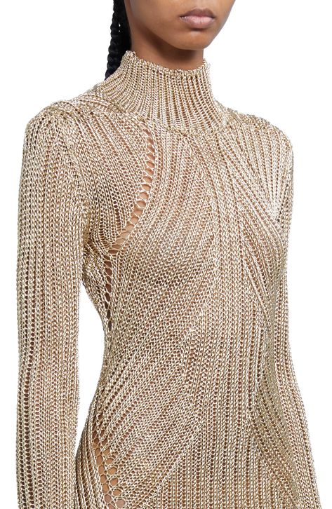 Openwork stitching shapes the curve-hugging silhouette of this metallic knit gown whose demure mock neck balances the sultry open-back view. 66 1/2" length (size X-Large) Buttons at neck Mock neck Long sleeves Open back Unlined 73% viscose, 14% metallic fibers, 13% paper Dry clean Made in Italy Designer Clothing Open Back Knit Dress, Cool Knitwear, Unique Knitwear, Knit Summer Dress, Knit Gown, Knitwear Trends, Knitwear Inspiration, Knit Structure, Metallic Knit